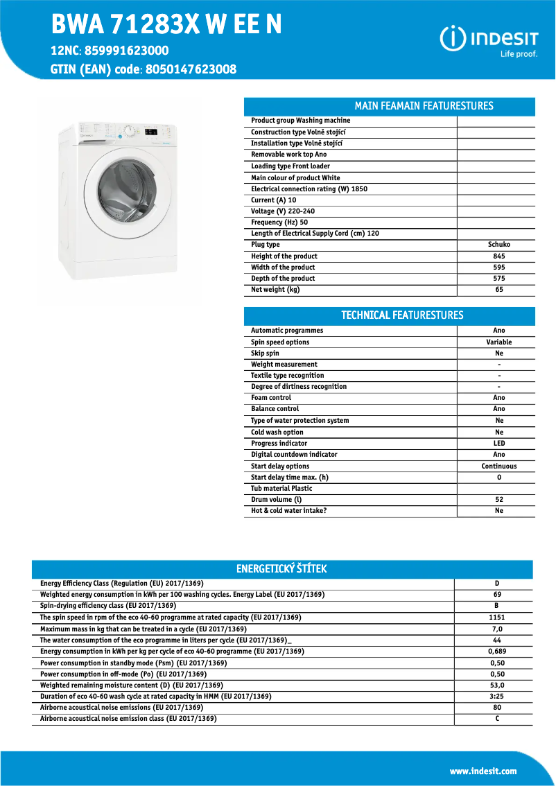 Page n°1 - Manuel utilisateur Indesit BWA 71283X W EE N
