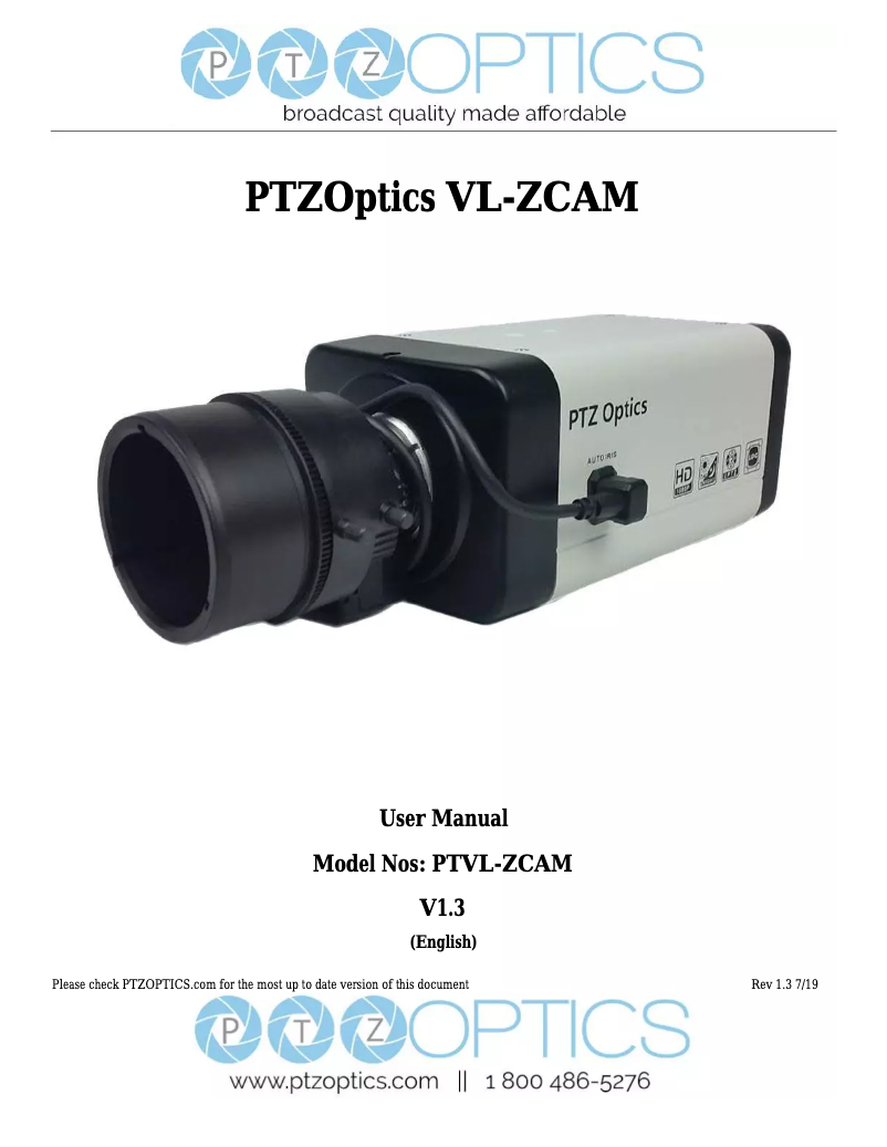 Page 1 de la notice Manuel utilisateur PTZ Optics PTVL-ZCam