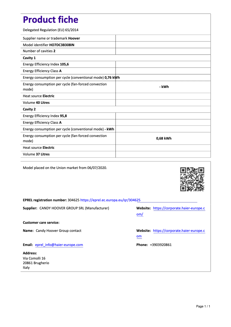 Página 1 del manual Ficha técnica Hoover H-OVEN 300 HO7DC3B308IN