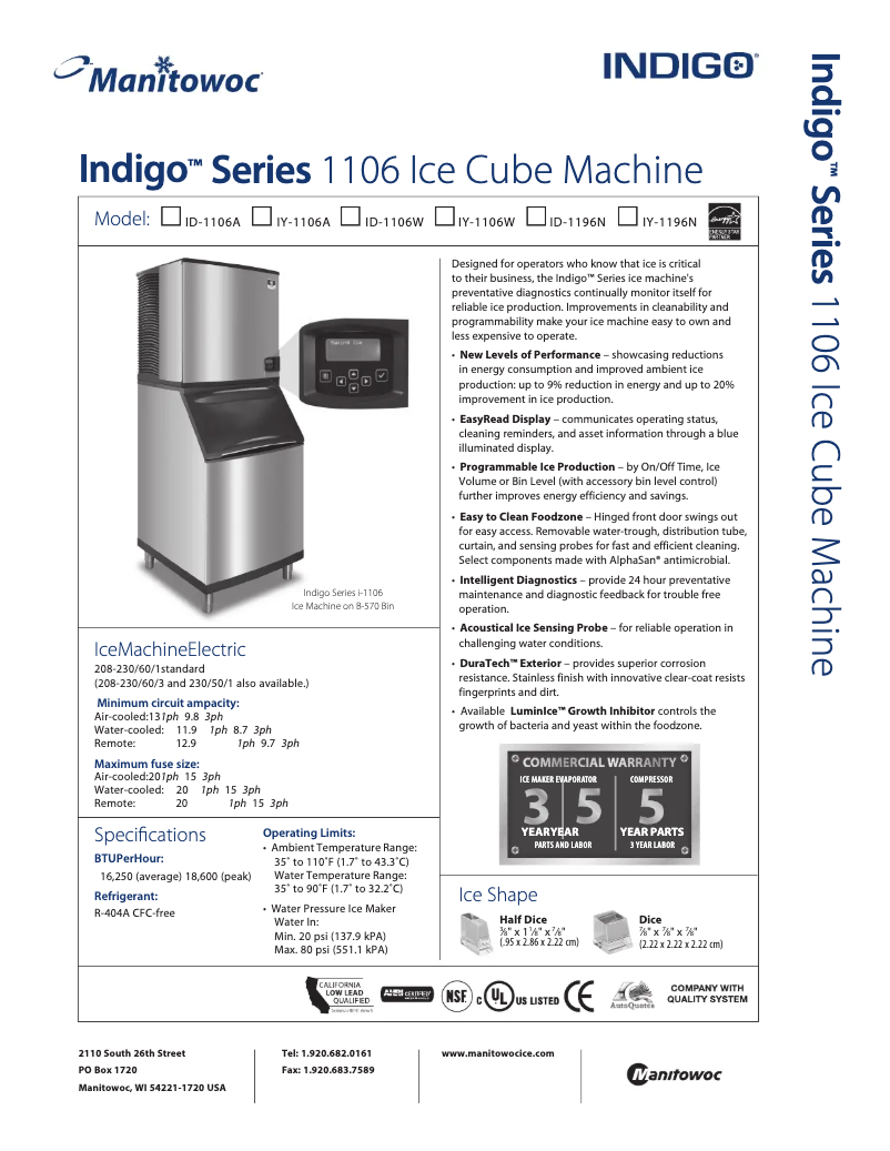 Page 1 de la notice Fiche technique Manitowoc ID-1196N