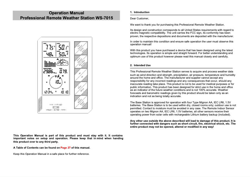 Page 1 de la notice Manuel utilisateur La Crosse Technology WS-7015
