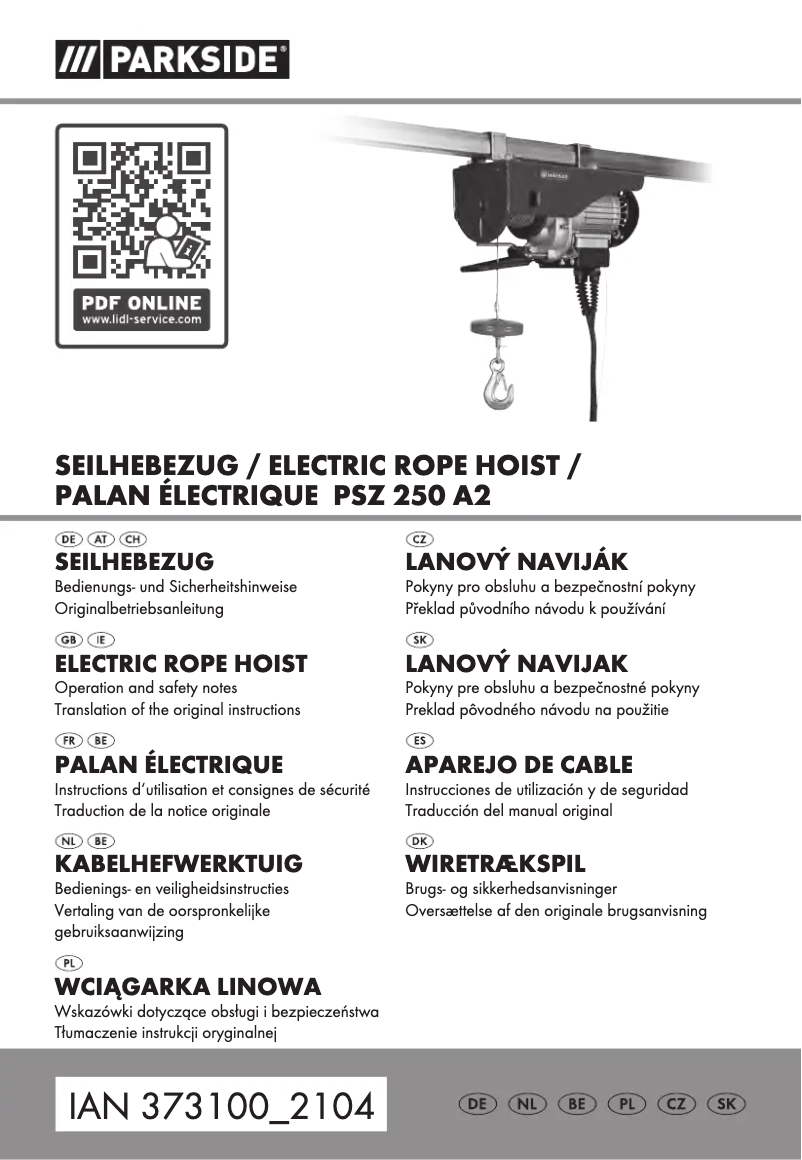 Page 1 de la notice Manuel utilisateur Parkside PSZ 250 A2