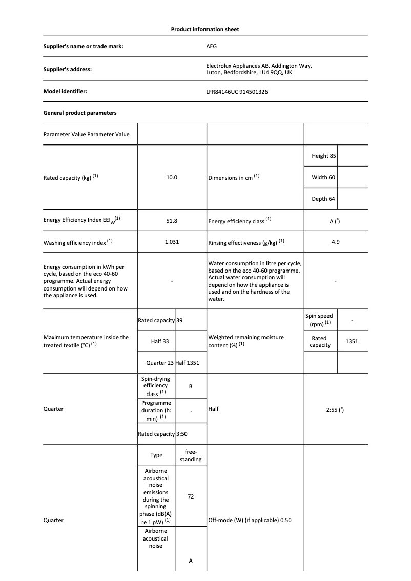 Page 1 de la notice Fiche technique AEG LFR84146UC