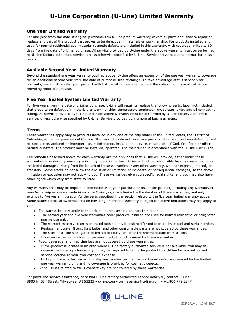 Page 1 de la notice Informations de garantie U-Line U-3036RRGL