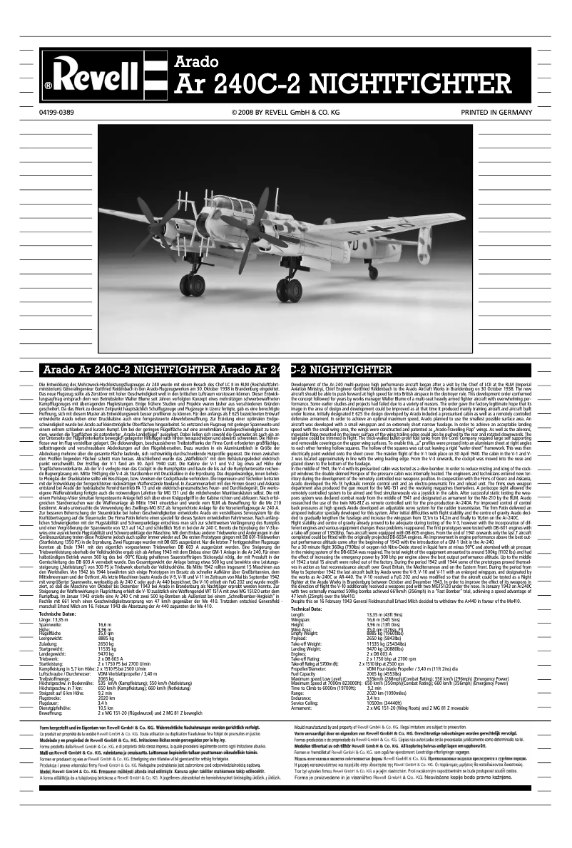 Page 1 of the manual User Manual Revell Arado Ar 240 C-2 Nightfighter