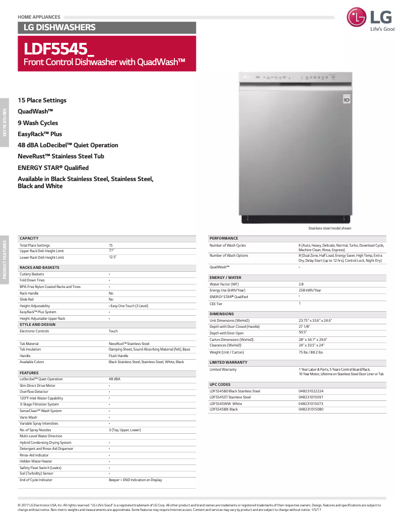 Page 1 of the manual Technical Sheet LG LDF5545BB