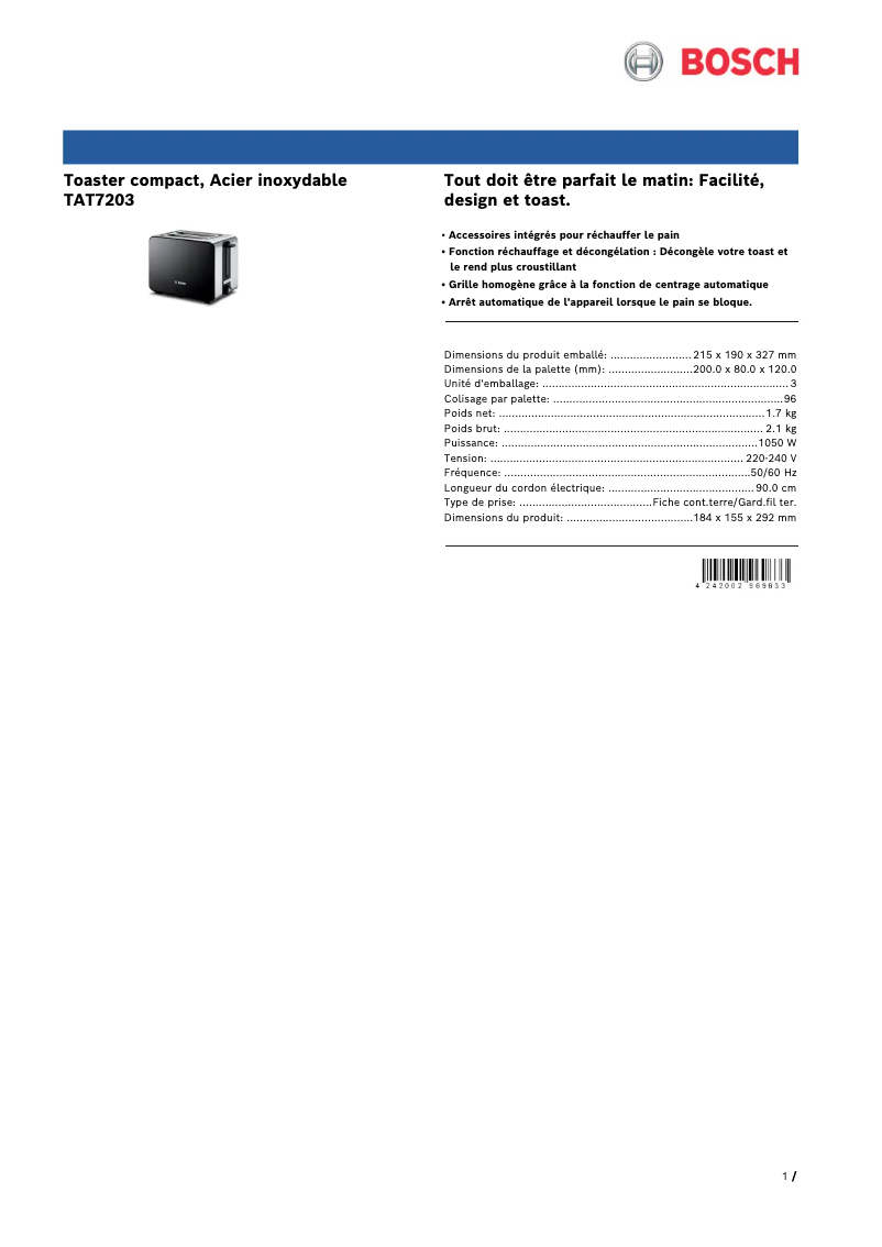 Page 1 de la notice Fiche technique Bosch TAT7203