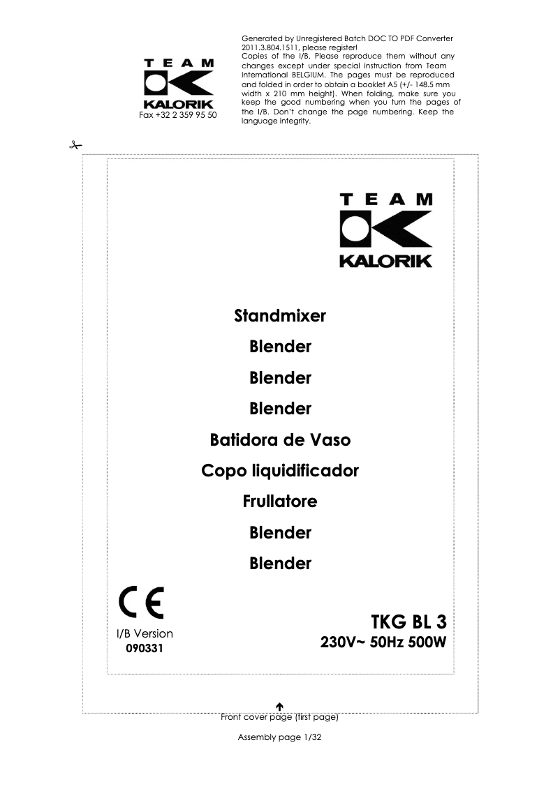 Page 1 de la notice Manuel utilisateur Kalorik TKG BL 3