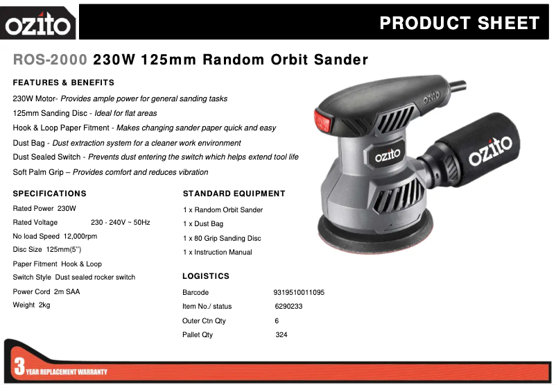 Page 1 de la notice Fiche technique Ozito ROS-2000