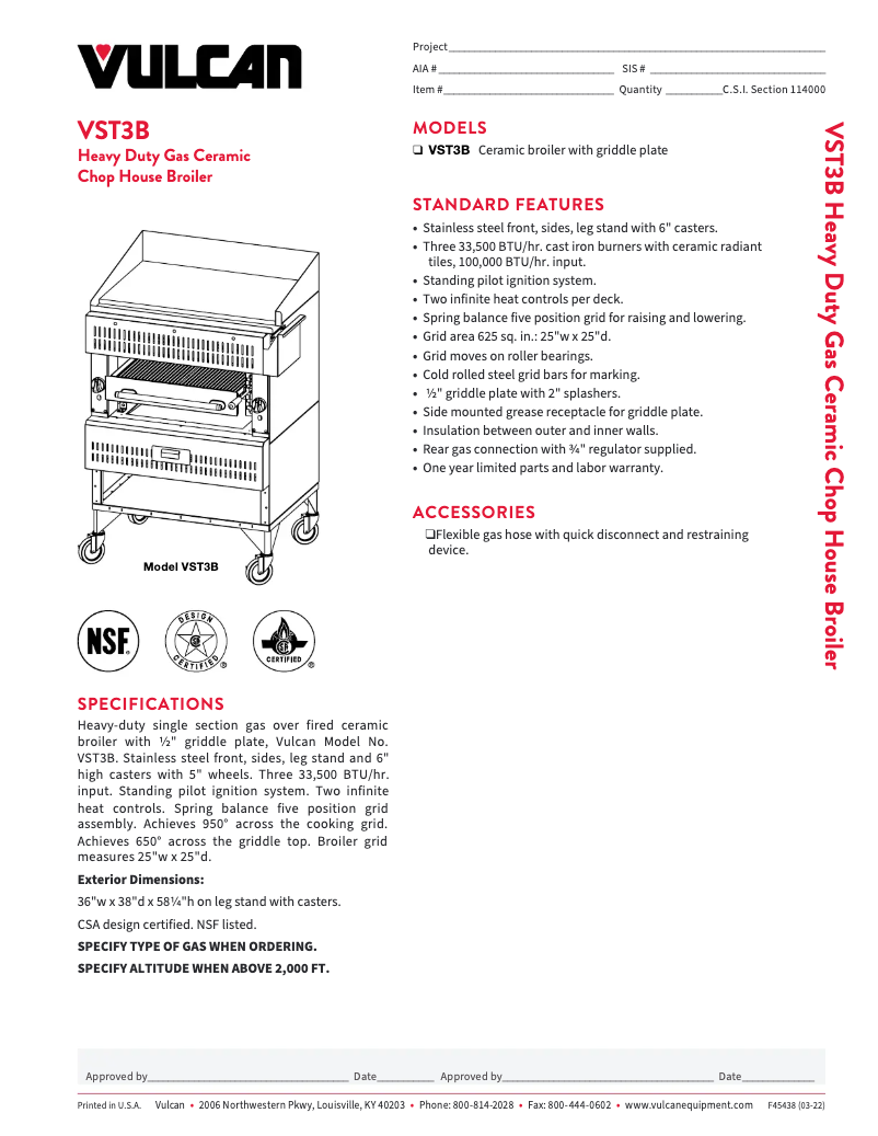 Page 1 de la notice Fiche technique Vulcan VST3B