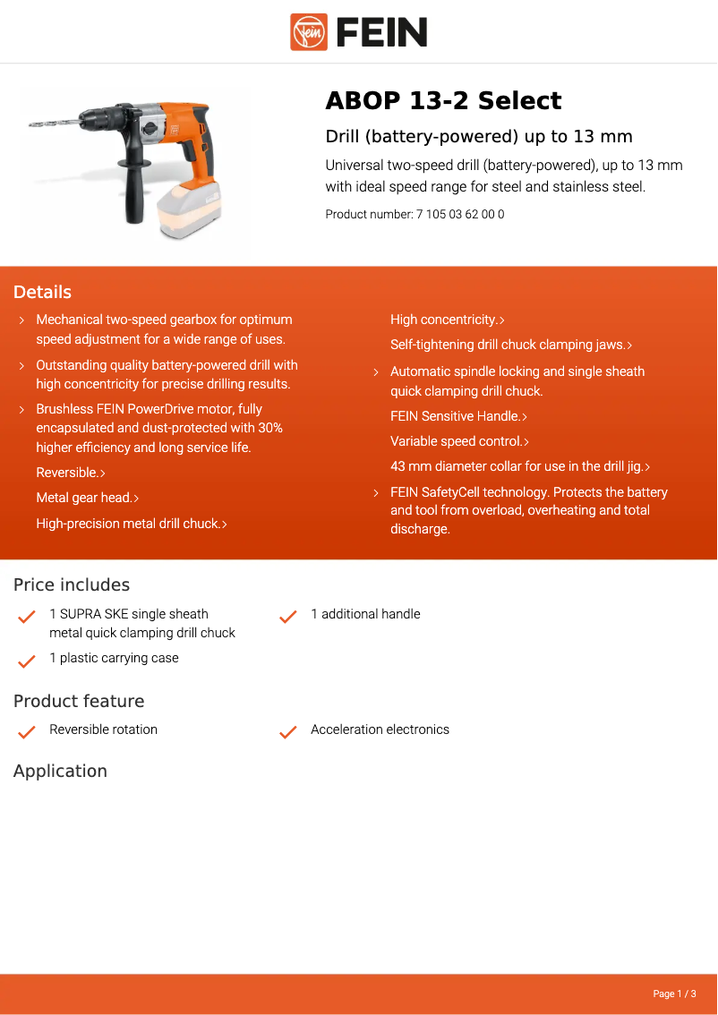 Page 1 de la notice Fiche technique Fein ABOP 13-2 Select
