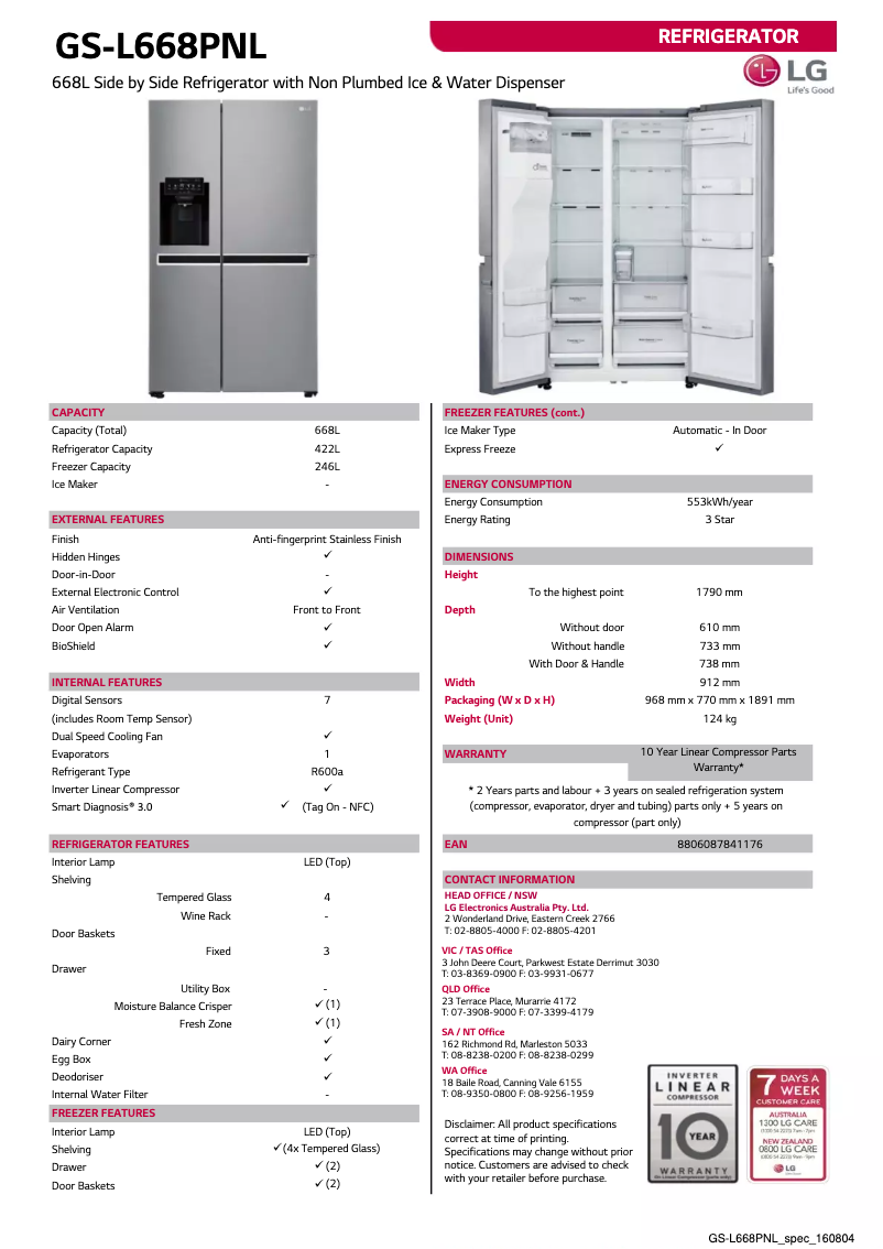 Page 1 of the manual Technical Sheet LG GS-L668PNL