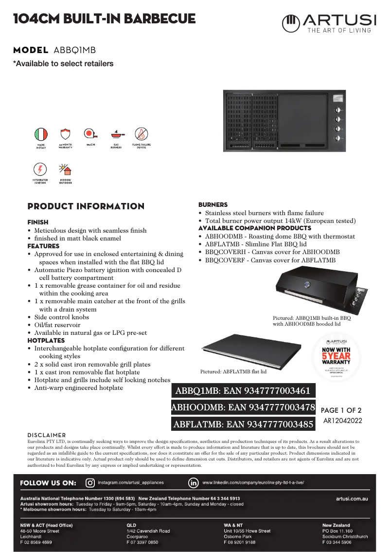 Page 1 de la notice Fiche technique Artusi ABBQ1MB
