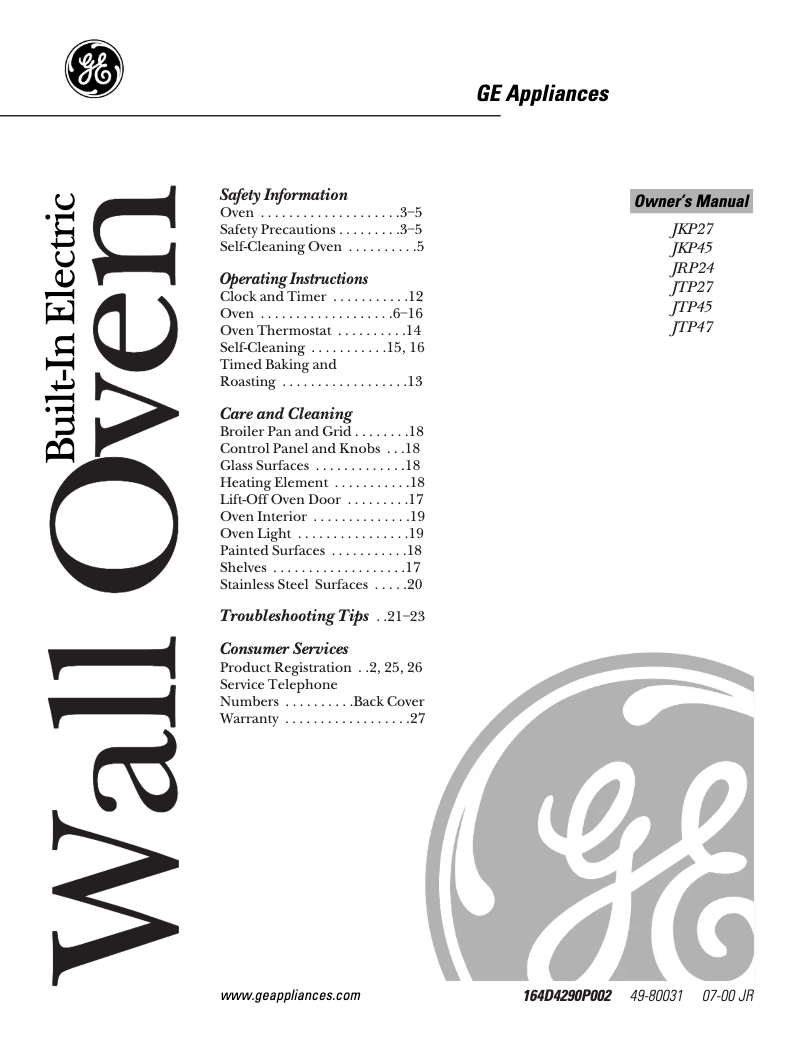 Page n°1 - Manuel d'utilisation et d'entretien GE JKP45BABB