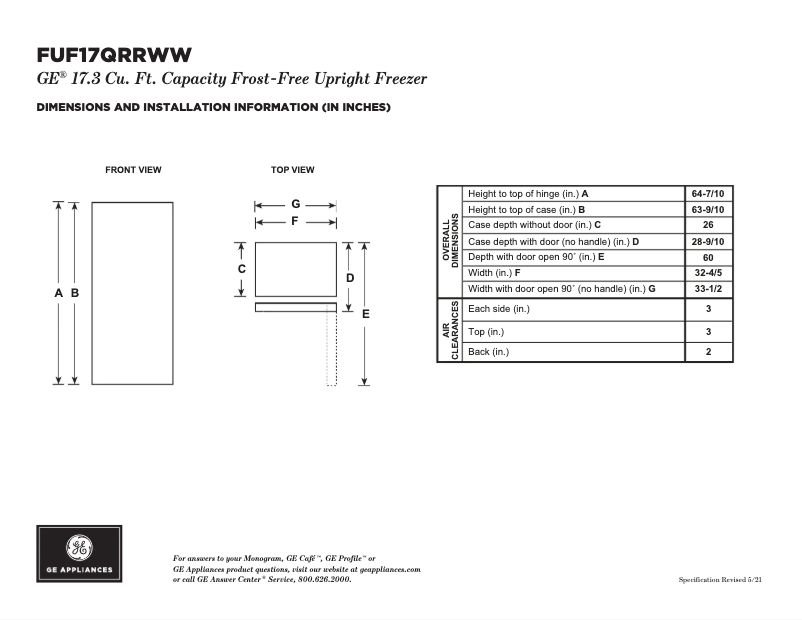 Página 1 del manual Ficha técnica GE FUF17QRRWW