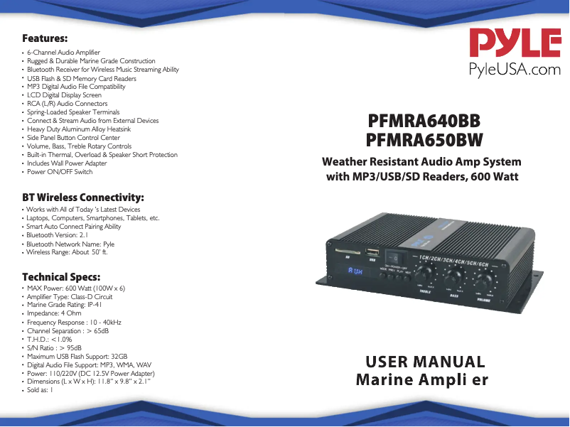 Page 1 de la notice Manuel utilisateur Pyle PFMRA640BB