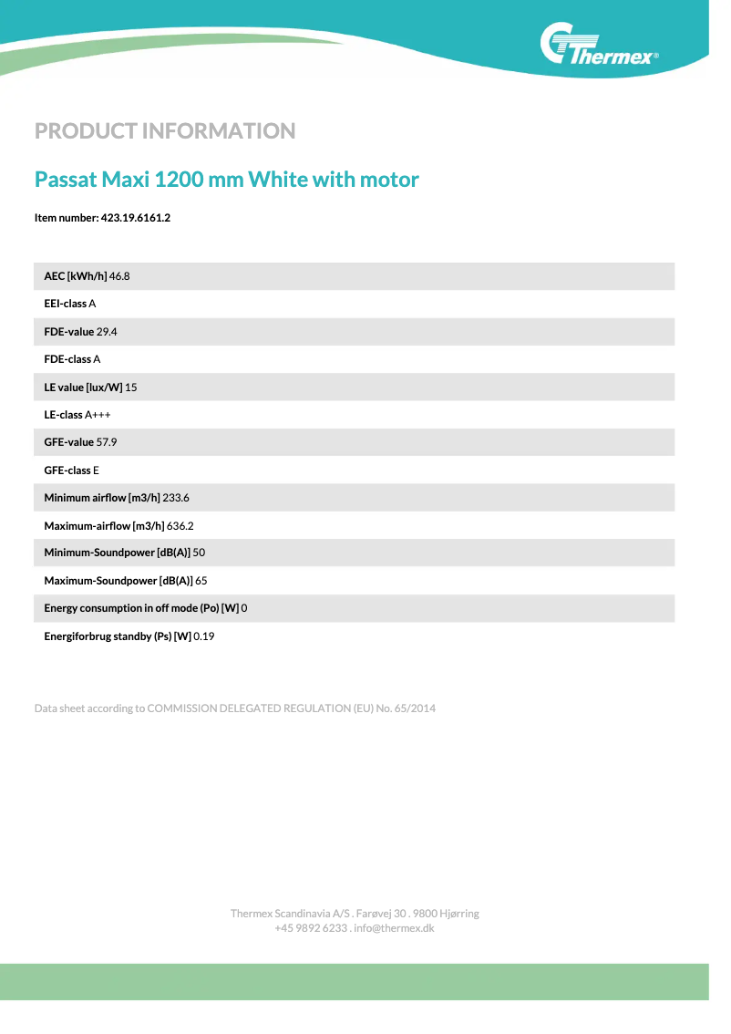 Page 1 de la notice Fiche technique Thermex Passat Maxi