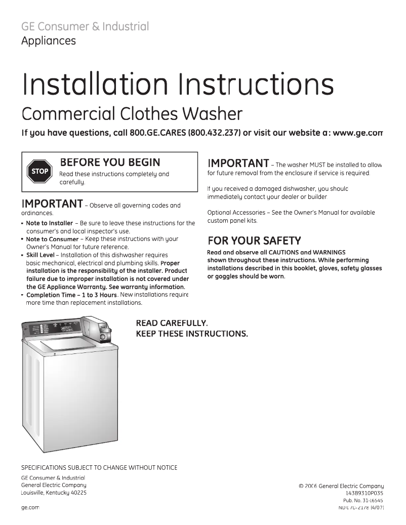 Page n°1 - Guide d'installation GE WMCD2050HWC