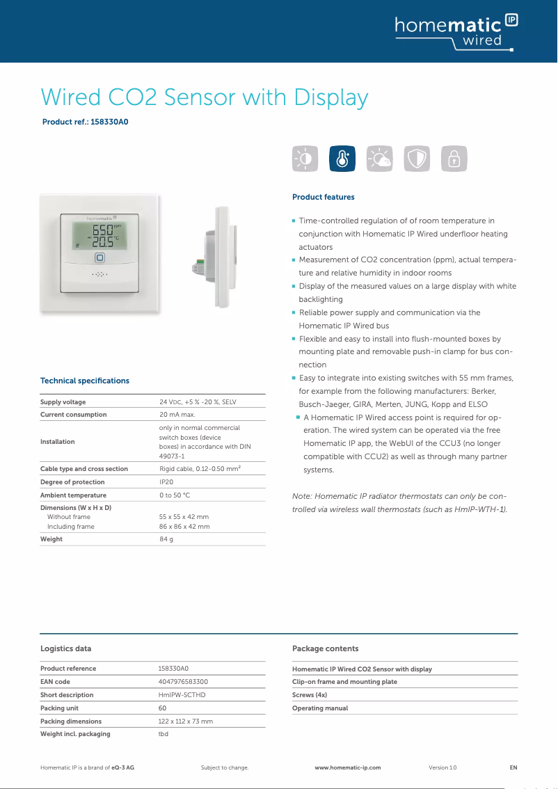 Page 1 of the manual Technical Sheet Homematic IP HmIPW-SCTHD