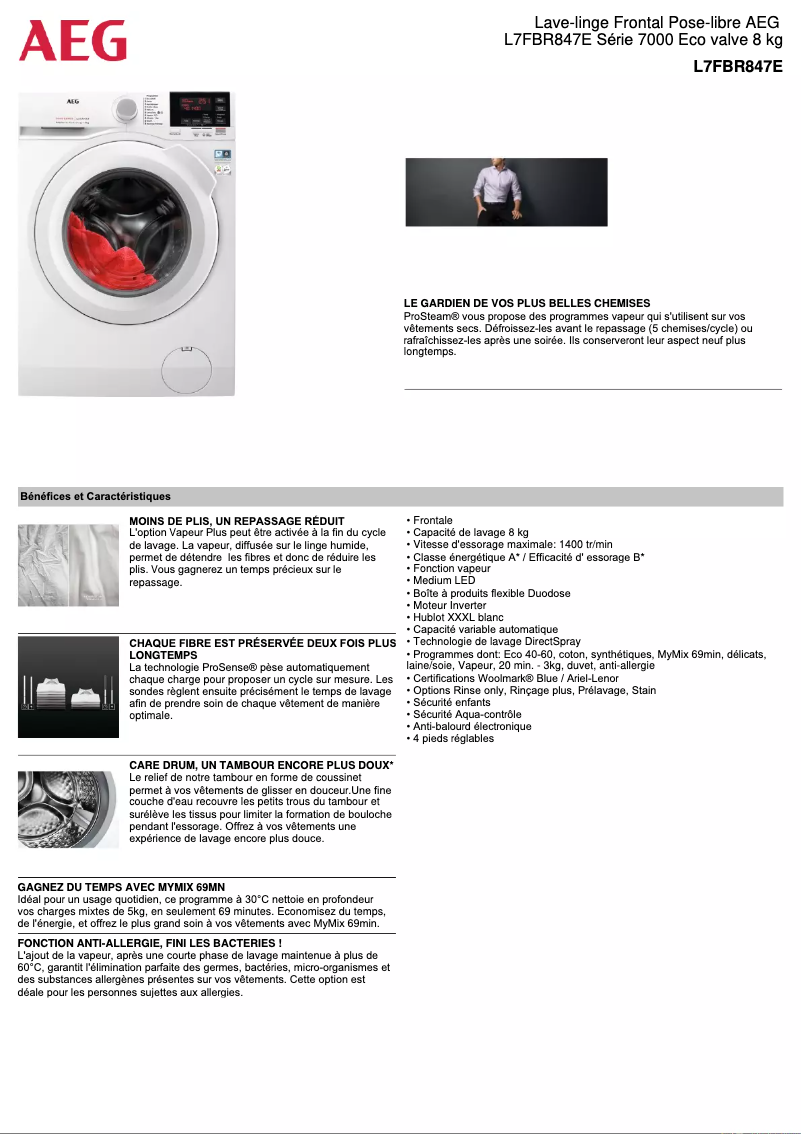 Page 1 de la notice Fiche technique AEG L7FBR847E