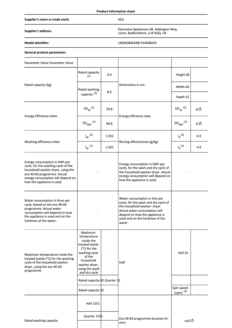 Page 1 de la notice Fiche technique AEG LX6WG84634BI