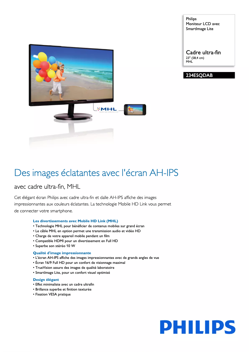 Page n°1 - Fiche technique Philips 234E5QDAB