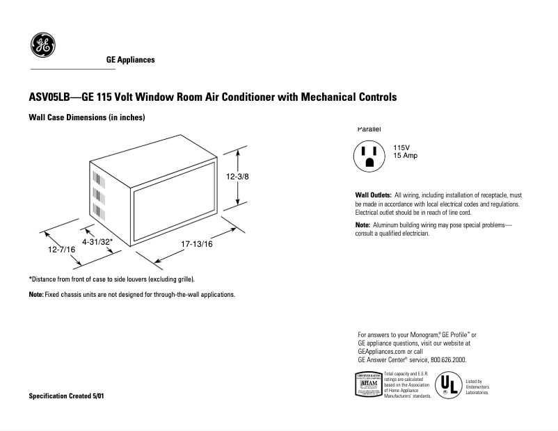 Página 1 del manual Ficha técnica GE ASV05LB
