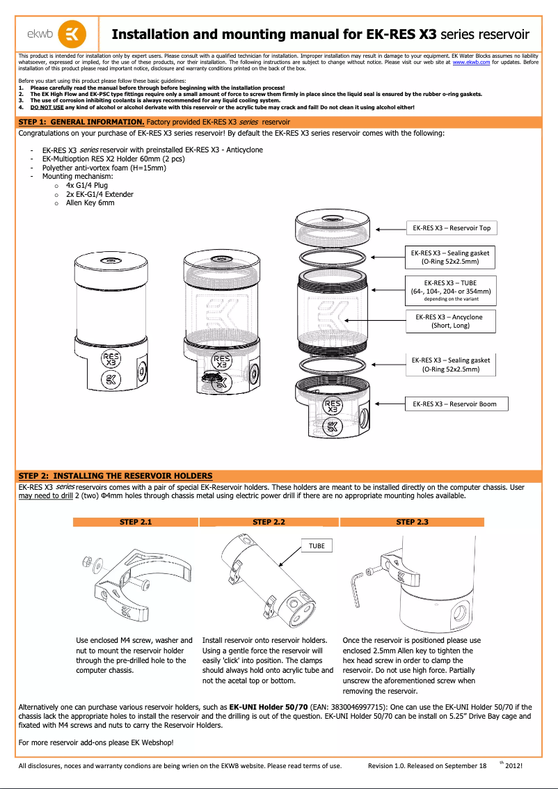 Page 1 of the manual User Manual EK Water Blocks EK-RES X3