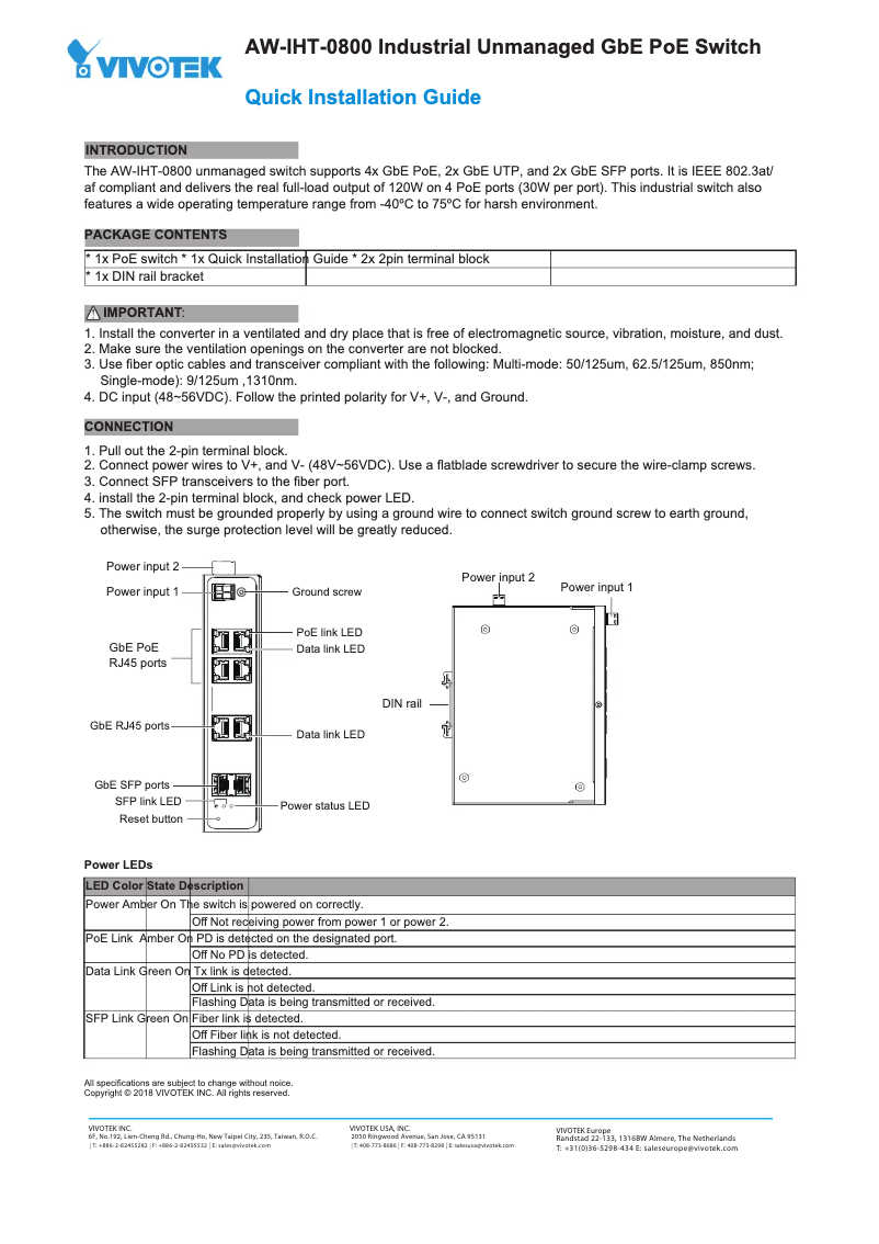 Page 1 de la notice Guide d'installation Vivotek AW-IHT-0800