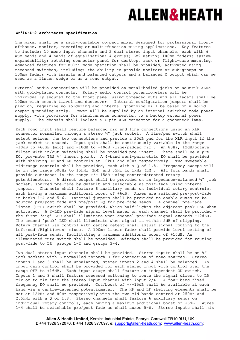 Page 1 de la notice Fiche technique Allen & Heath MixWizard3 14:4:2