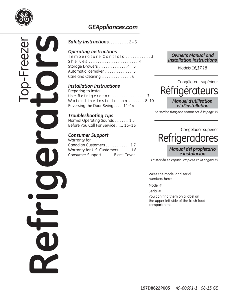 Page 1 de la notice Manuel d'utilisation et d'entretien GE GTH17DBDCC