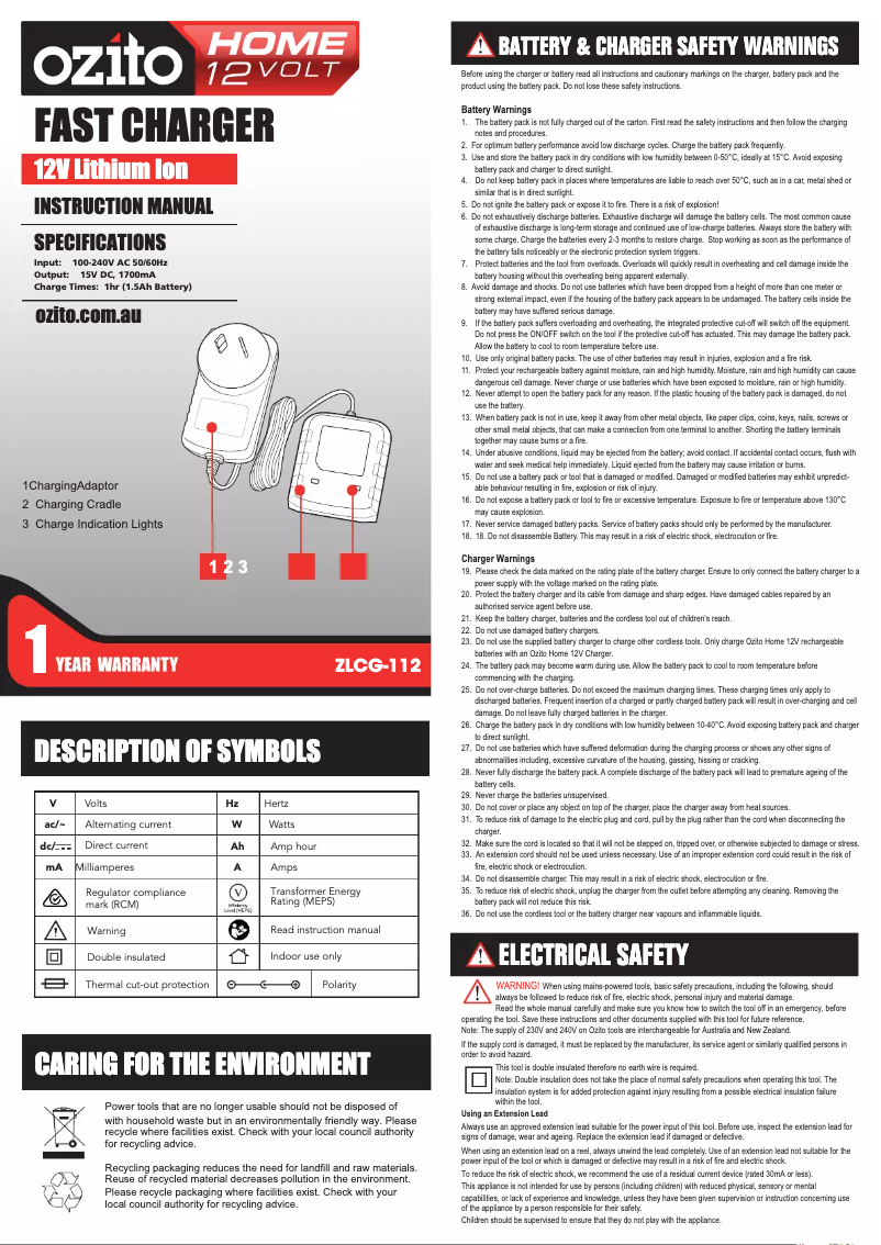 Page 1 de la notice Manuel utilisateur Ozito ZLCG-112