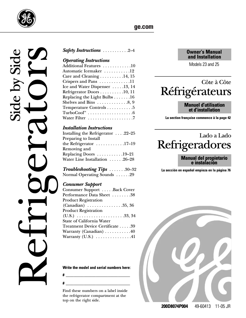 Page n°1 - Guide d'installation GE ESS23XGSWW