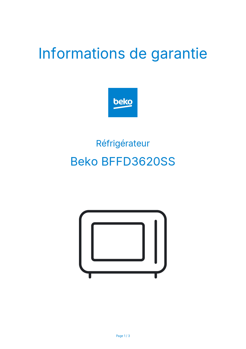 Page 1 de la notice Informations de garantie Beko BFFD3620SS