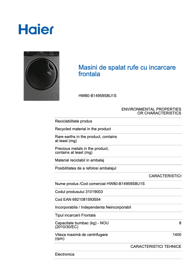Página 1 del manual Etiqueta energética Haier I-Pro Series 5 HW80-B14959S8