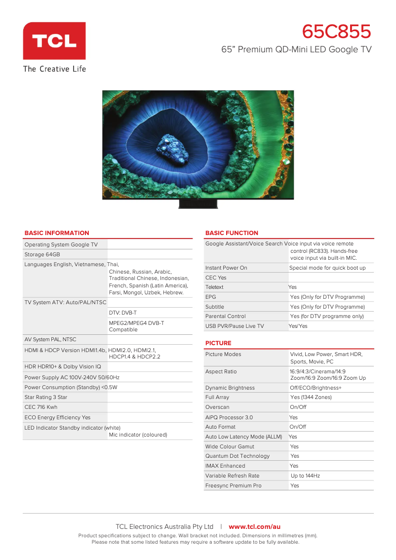 Page 1 de la notice Fiche technique TCL 65C855