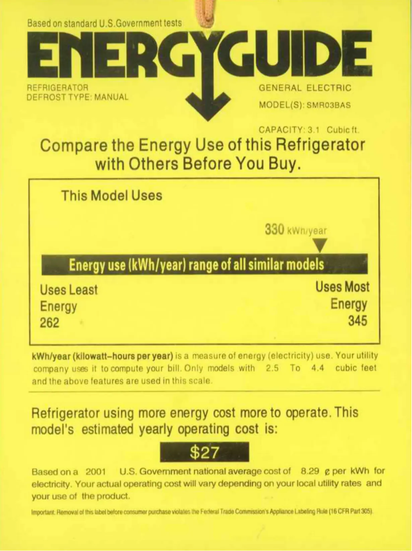 Page n°1 - Label énergétique GE SMR03BASWW
