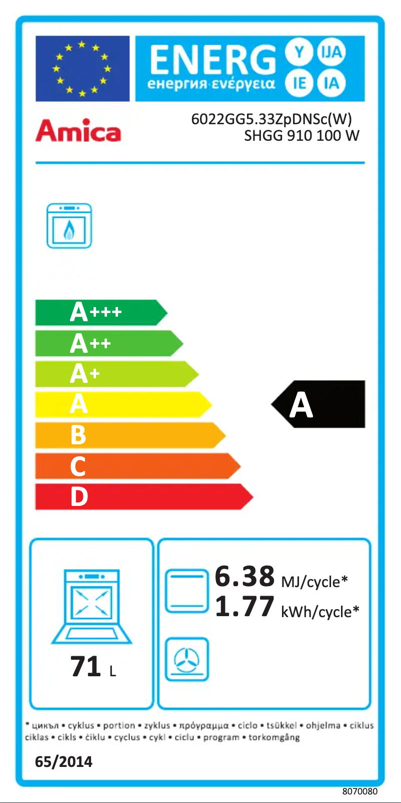 Page 1 de la notice Label énergétique Amica SHGG 910 100 W