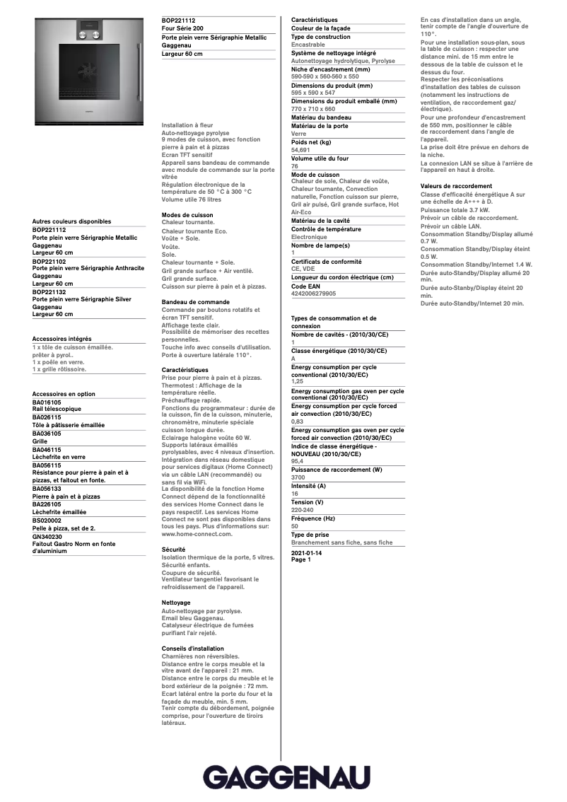 Página 1 del manual Ficha técnica Gaggenau BOP221112