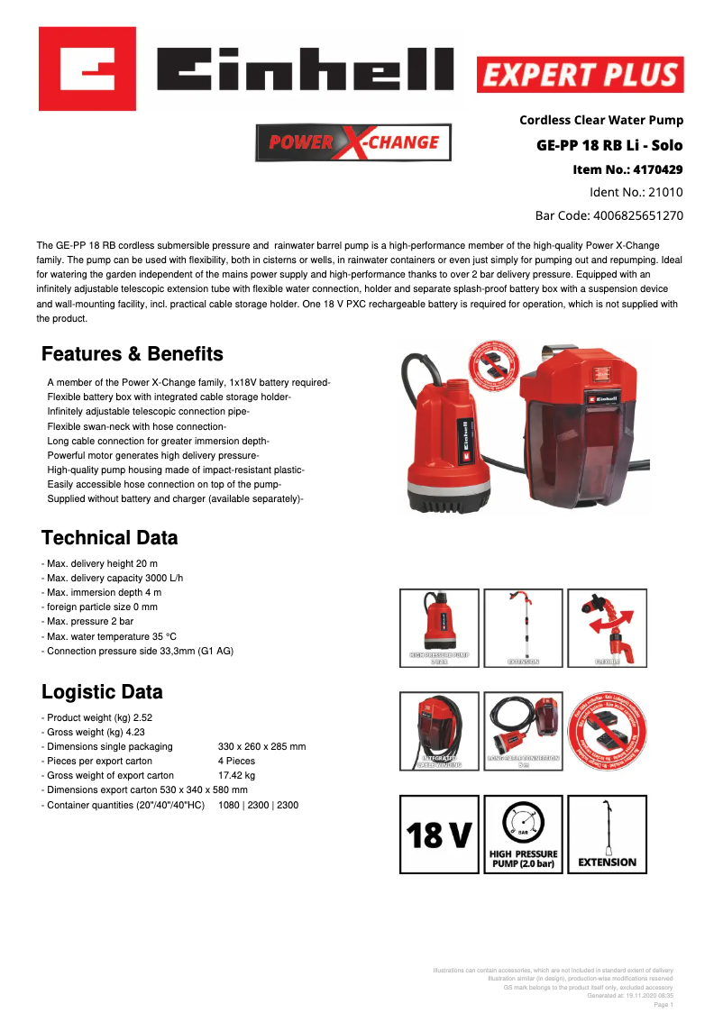 Página 1 del manual Ficha técnica Einhell GE-PP 18 RB Li