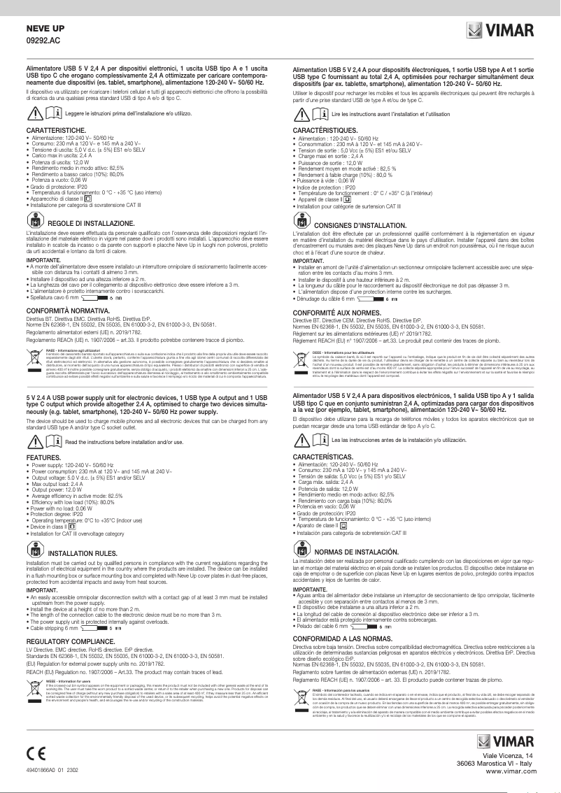 Page 1 de la notice Manuel utilisateur Vimar 09292.AC.CM