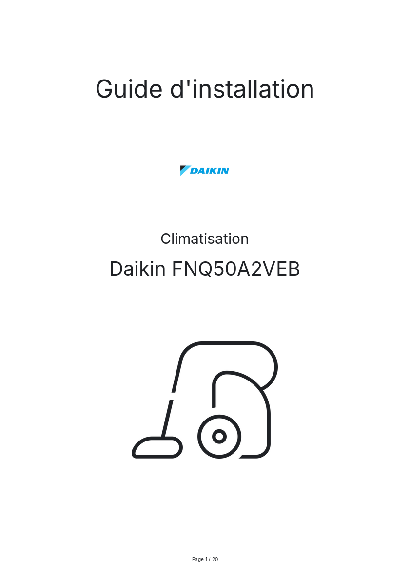 Page 1 de la notice Guide d'installation Daikin FNQ50A2VEB