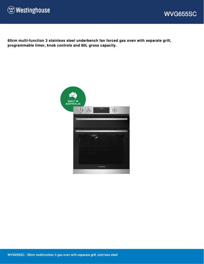 Page 1 de la notice Fiche technique Westinghouse WVG655SC