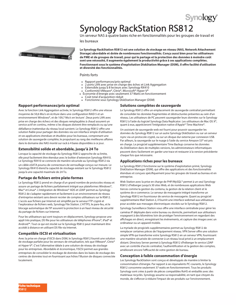 Page 1 de la notice Fiche technique Synology RS812