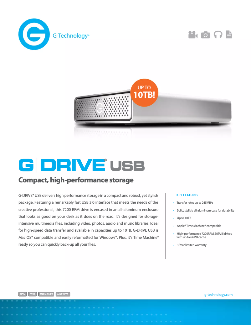 Page 1 de la notice Fiche technique G-Technology G-DRIVE USB