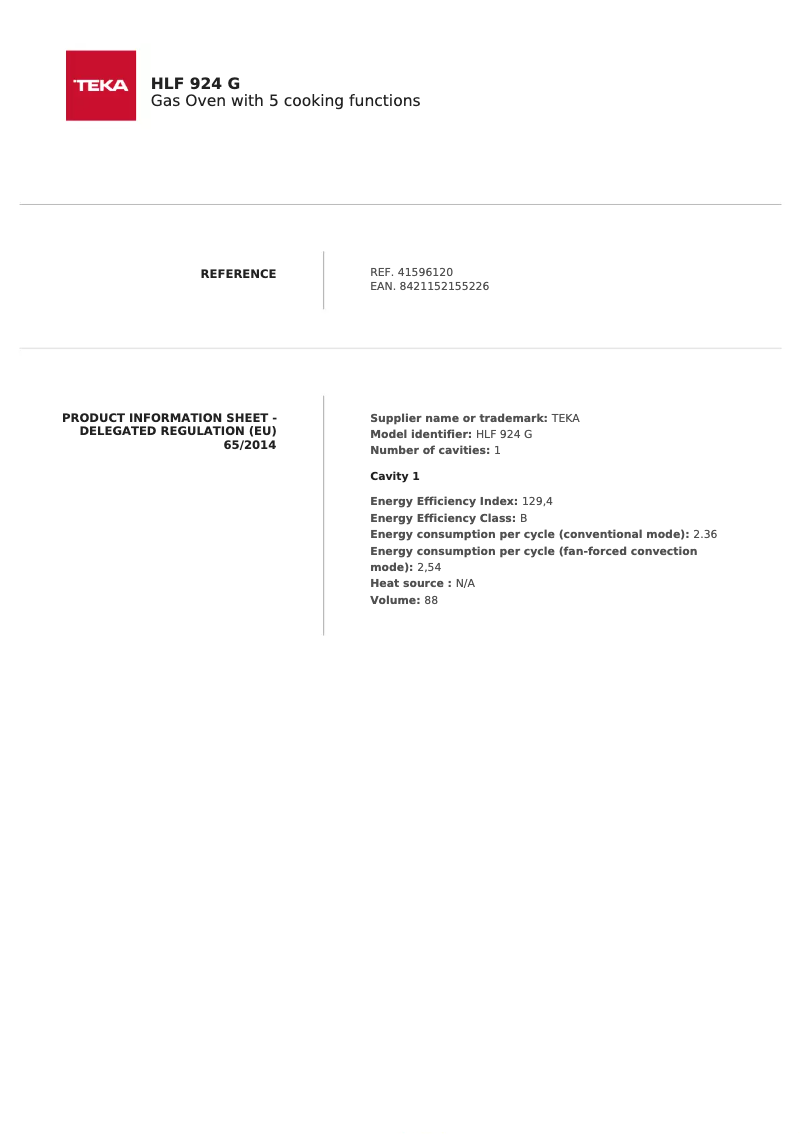 Page 1 de la notice Fiche technique Teka HLF 924 G