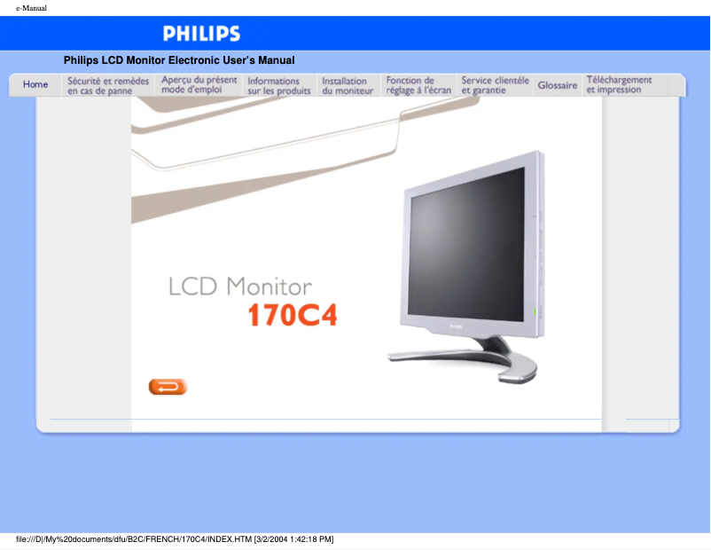 Page 1 de la notice Manuel utilisateur Philips 170C4FS