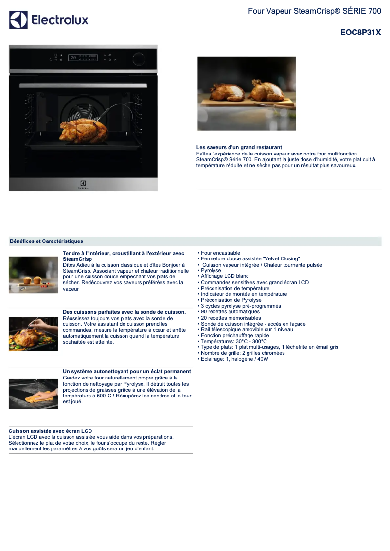 Page 1 de la notice Fiche technique Electrolux EOC8P31X