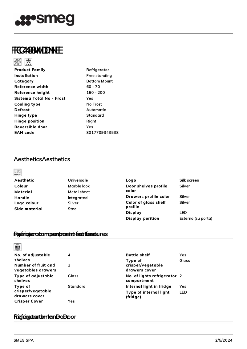 Page 1 de la notice Fiche technique Smeg FC48MDNE