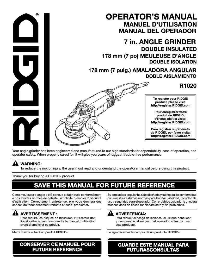 Page 1 de la notice Manuel utilisateur Ridgid R1020